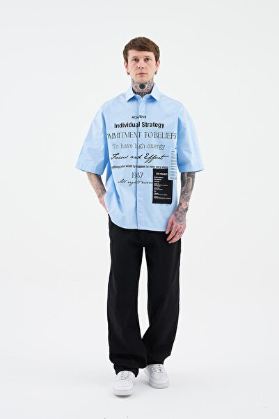 Machinist Чоловіча сорочка з принтом і нашивками Baby Mavi Gömlek