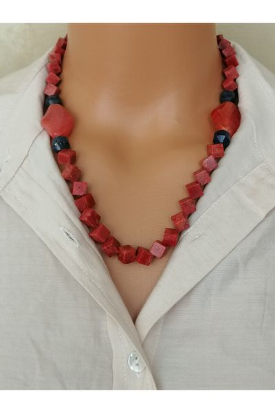 LemaStone Natural Stone Necklace ,Earring Set;Grass Coral,Lapis Lazuli,And Agate Stone