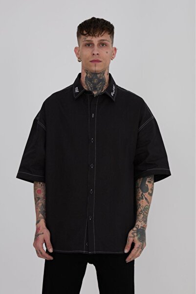 Machinist Ανδρικό πουκάμισο με κέντημα με κρόσσια oversized μαύρο