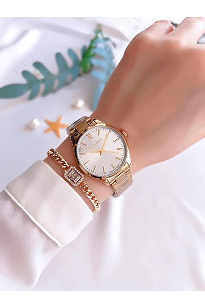 Lee Cooper ساعة يد نسائية مقاومة للماء من سلسلة فضية صفراء بسوار فولاذي 3 ATM Blc08037.270