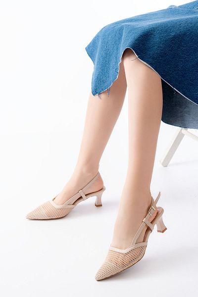 Moda Asmira K-607 Beige Daily Mesh Open Back 7 cm Heeled Shoes