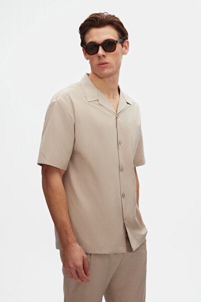 Twn Χαλαρό μπεζ ίσιο λεπτό και ελαφρύ πουκάμισο Rpt