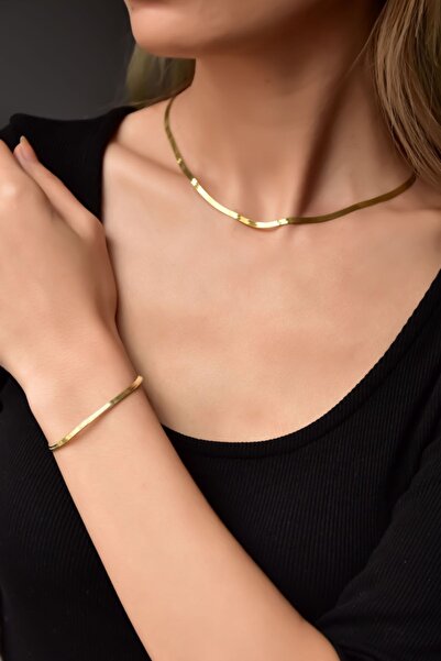 Papatya Silver 925 Ayar Gümüş Gold Kaplama Yassı Italyan Zincir Kolye Ve Bile...