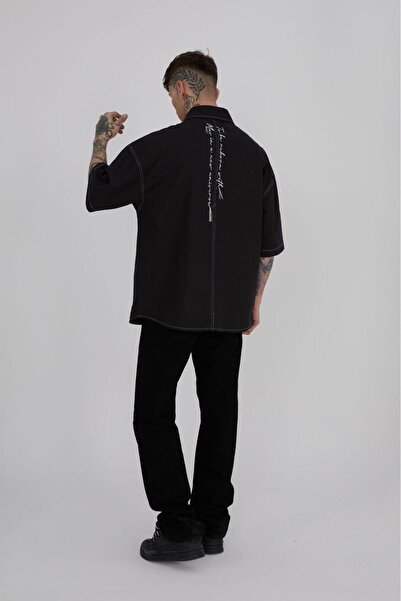 Machinist Ανδρικό πουκάμισο με κέντημα με κρόσσια oversized μαύρο