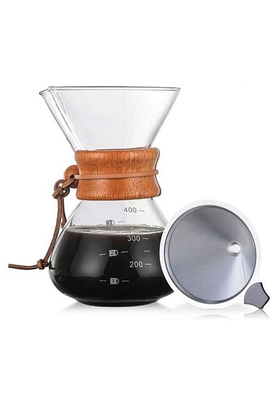Generic Glass drip coffee maker with stainless steel filter and wooden ring for coffee, 400ml capacity,