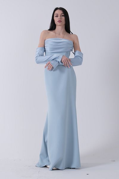 Feminist Draped Button Detailed Long Evening Dress Baby Blue 9705361
