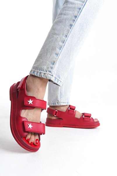 CZ London Kadın Çift Bantlı Sandalet Düz Taban Yıldız Detaylı Arkası Cırtlı Tam Kalıp Günlük Sandalet