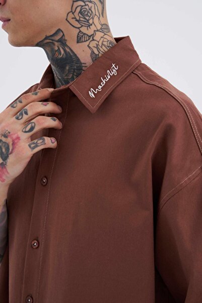 Machinist Ανδρικό πουκάμισο με κέντημα με κρόσσια oversized Plum