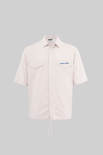 Machinist Men's Gathered Hem Beige Striped Shirt