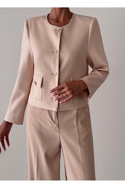 BUTİK ELAJ Kadın Bej Modal Kumaş Kısa Ceket