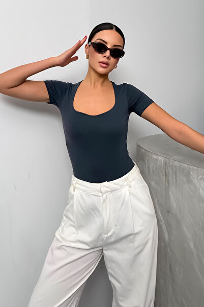 LACHT Women's Anthracite Combed Cotton Square Neck Short Sleeve Snap Fastener Body Suit