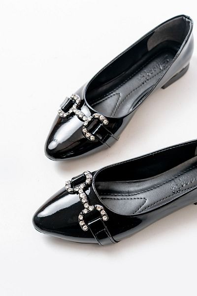 Moda Asmira Inf-133 Black Patent Leather Stone Buckle Daily Women's Ballerinas