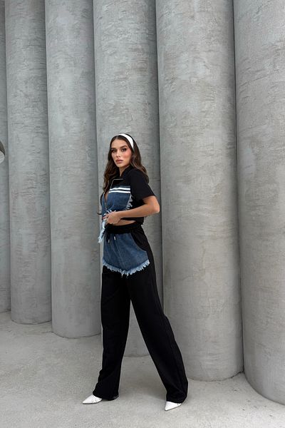 Bliss Women's Denim Piece Detailed Short Sleeve Zippered Oversize Bottom Top Tracksuit Set