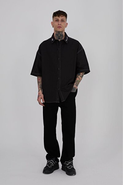 Machinist Ανδρικό πουκάμισο με κέντημα με κρόσσια oversized μαύρο