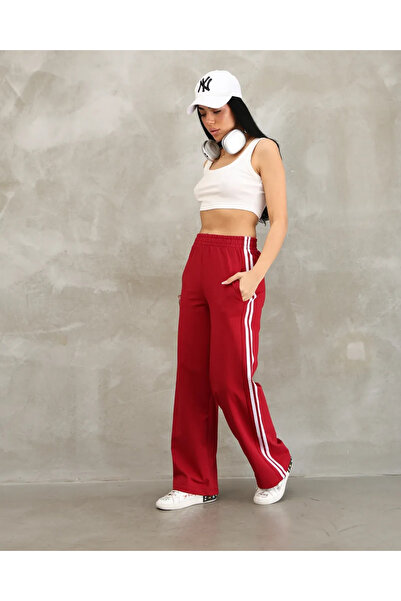 FITFLYX بنطال رياضي واسع الساقين بخطوط مزدوجة باللون العنابي