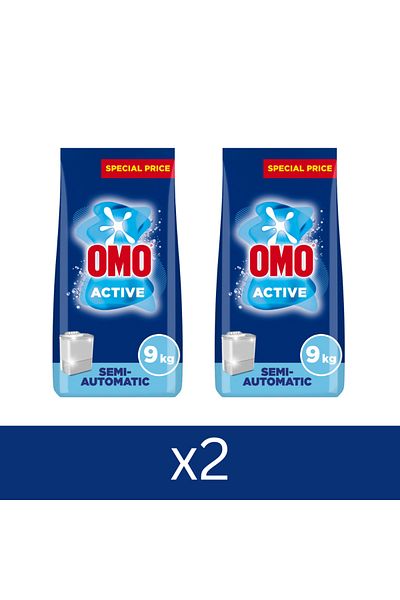 Omo مسحوق غسيل نصف أوتوماتيكي، فعال، إزالة البقع حتى 100% في غسلة واحدة* 9 كجم × 2