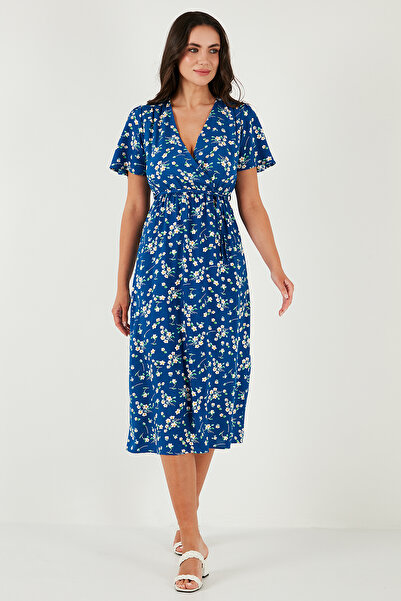 Lela Сукня міді з V-подібним вирізом та зав'язкою з візерунком на горловині стандартного крою ELBISE 6788624