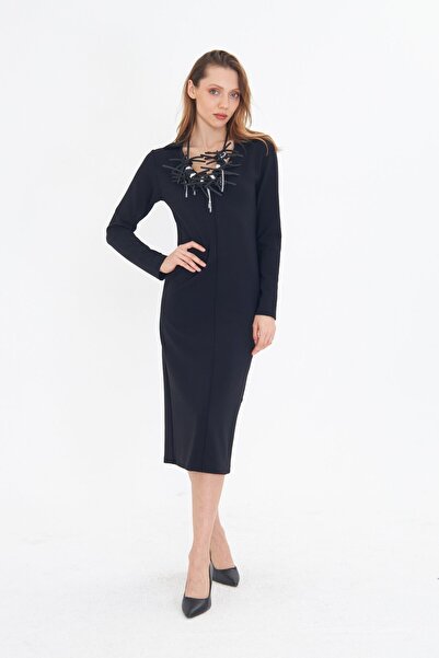 LAMANTE TOPARLAYICI SİYAH MİDİ ELBİSE