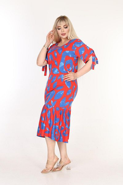 mami butik Plus Size Above Knee Square Neck Tie Detailed Short Sleeve Viscose Combed Cotton Stylish Design Comfortable Dress