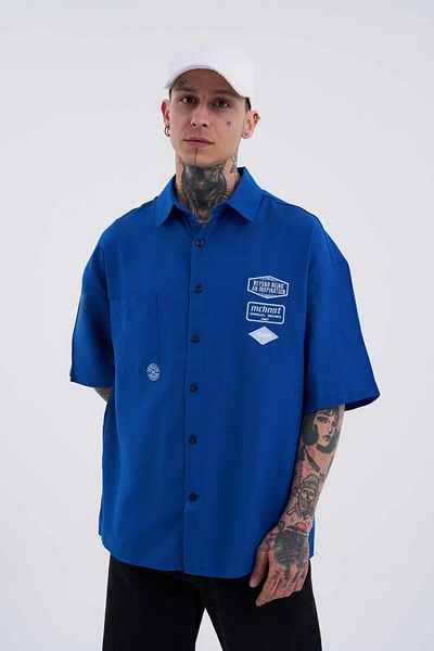 Machinist Men's Basic Embroidered Oversize Navy Blue Shirt