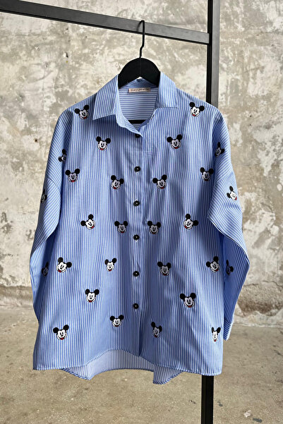 Hatun Atila HatunAtila Mickey Mouse Figürlü Oversize Gömlek 5161 Lacivert