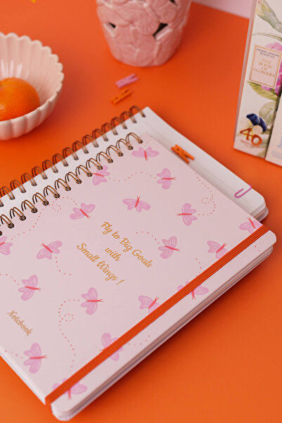Matt Notebook B5 17x24 cm Spiralli Lastikli Çizgili Tarihsiz Not Defteri Kelebekler