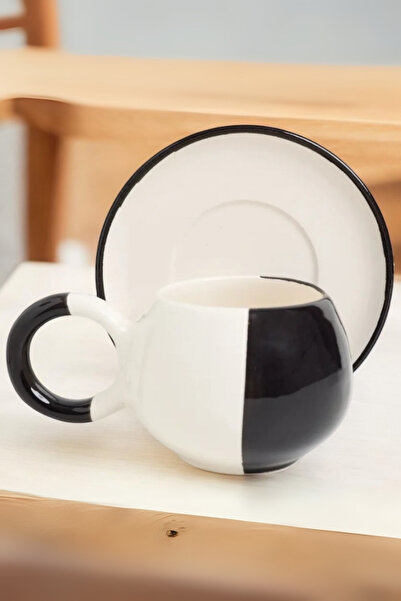 Homerest 2’li El Yapımı Siyah-Krem Seramik Fincan Takımı