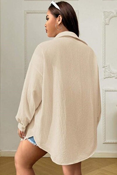 Know Γυναικείο μπεζ πουκάμισο με μονή τσέπη με τυλιγμένο oversize