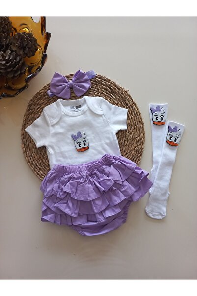 Grande Home Kız Bebek Ördek Lila Fırfır Şort Etek Bandana Çorap Takım
