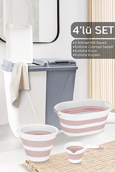 Meleni Home 4'lü Set - 90 Lt Bölmeli Kirli Çamaşır Sepeti Katlanabilir Sepet ...