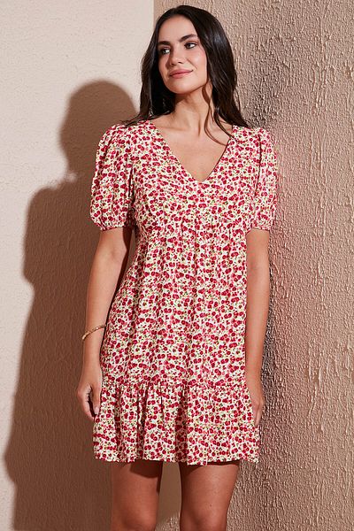 Lela Regular Fit V-Neck Balloon Sleeve Patterned Mini Dress Dress 67810045