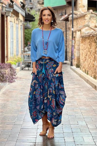 Nevin Kaya Moda Fustă Shalwar cu model etnic albastru