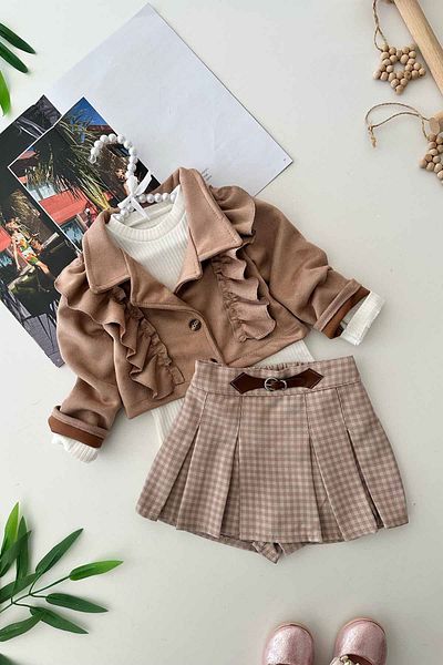 Minigimin Cicileri My Little One's Cicileri - Girl's Plaid Shorts and Skirt with Suede Flounce Jacket, Set of 3
