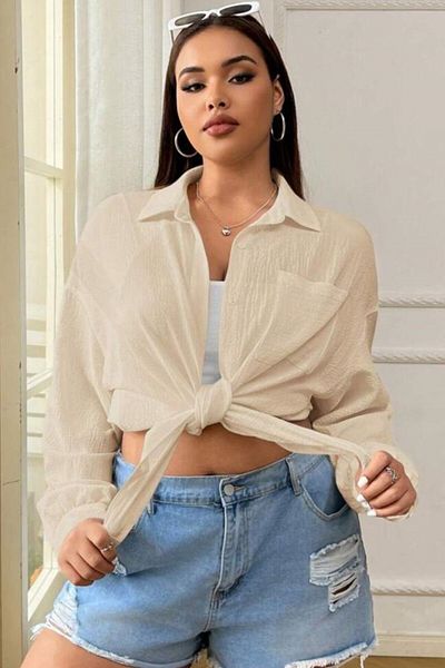 Know Women's Beige Single Pocket Oversize Shirt