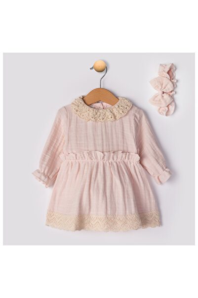 Babyhola Pink 22463 Lace Collar Hair Band Muslin Baby Girl Eid Dress 0-2 Years