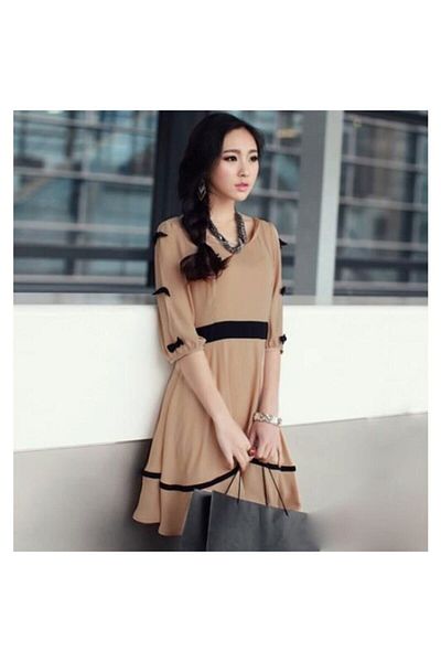 FASHION COCKTAIL Rochie romantică de damă cu mâneci cu fundă pudră
