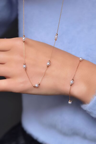 Papatya Silver 925 Ayar Gümüş Rose Dorika Toplu Incili Kolye Bileklik Set