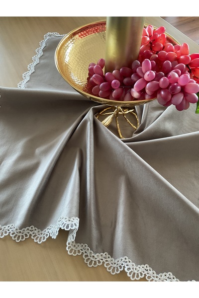 Hyatt Concept Vizon rengi fransız dantelli kadife kare örtü/runner