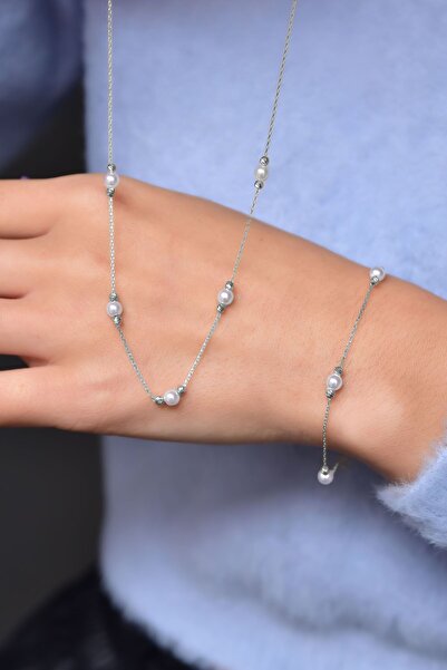Papatya Silver 925 Ayar Gümüş Rodyum Dorika Toplu Incili Kolye Bileklik Set