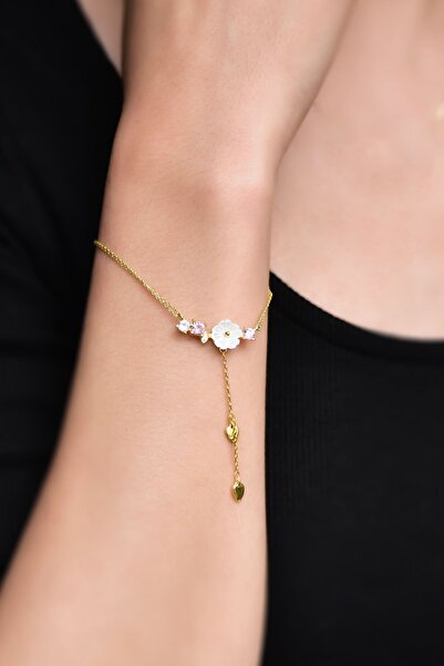 Papatya Silver 925 Ayar Gümüş Gold Kaplama Zincir Sallantılı Beyaz Taşlı Sede...