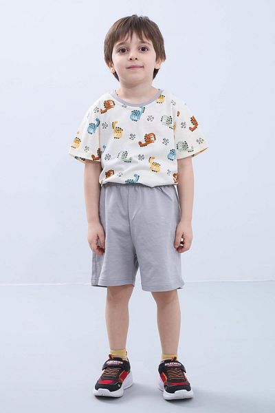 Perendi Boys Shorts Set - Dinosaur Print Short Sleeve Tee & Gray Shorts - Summer Outfit