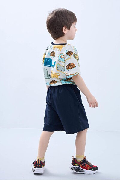 Perendi Boys Shorts Set - Animal Print Short Sleeve T-Shirt and Navy Shorts - Summer Outfit