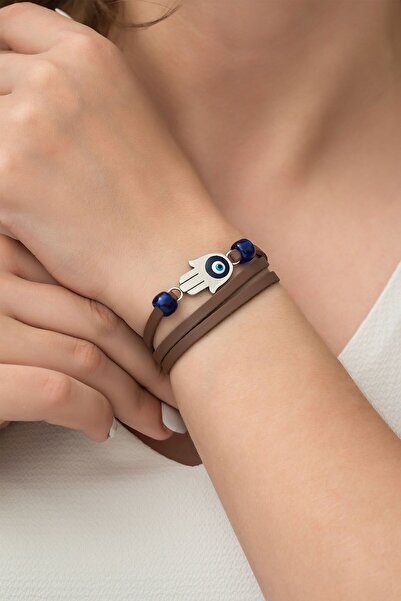 Papatya Silver 925 Ayar Otantik Gümüş Kaplama Deri Kordonlu Fatma Ana Eli Bil...