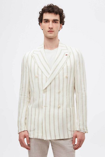 Twn Slim Fit Ecru Dobby 100% Linen Double Breasted Fabric Jacket