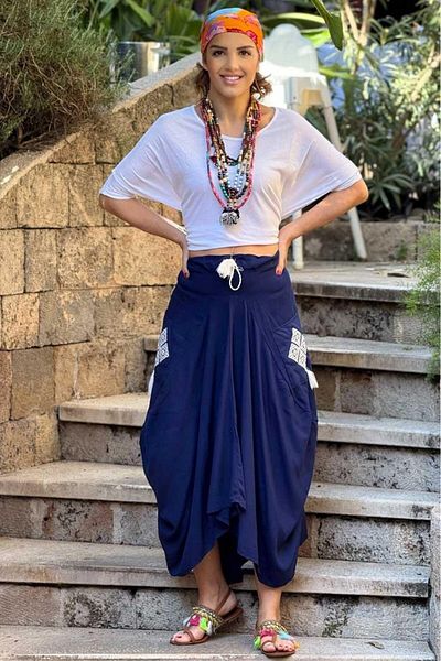 Nevin Kaya Moda Μπλε ναυτικό φούστα με κέντημα με τσέπες