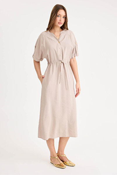 Vitrin Beli Bağlamalı Cepli Kol Apoletli Uzun Modal Elbise