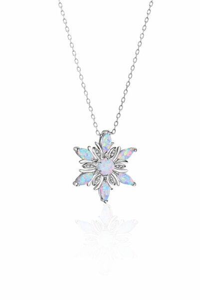 Papatya Silver 925 Ayar Rodyum Kaplama Opal Taşlı Kar Tanesi Kolye