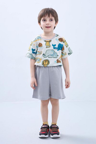 Perendi Boys Shorts Set - Animal Print Short Sleeve T-Shirt & Gray Shorts - Summer Outfit