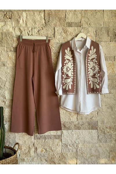 Hatun Atila Hatunatila Patterned Vest Knitwear Suit (Rose) - 3005