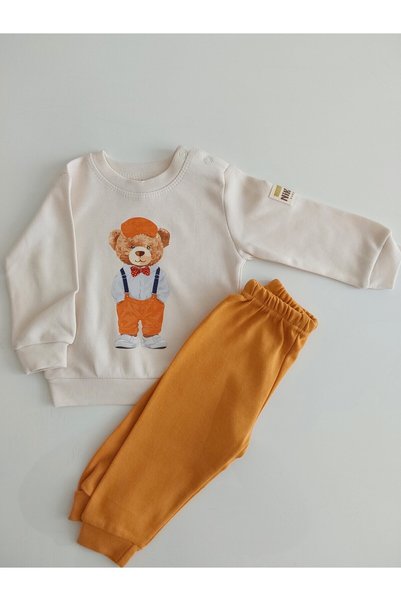 damdamin 100% Cotton Teddy Bear Printed Long Sleeve Baby Boy Suit with Snap Collar
